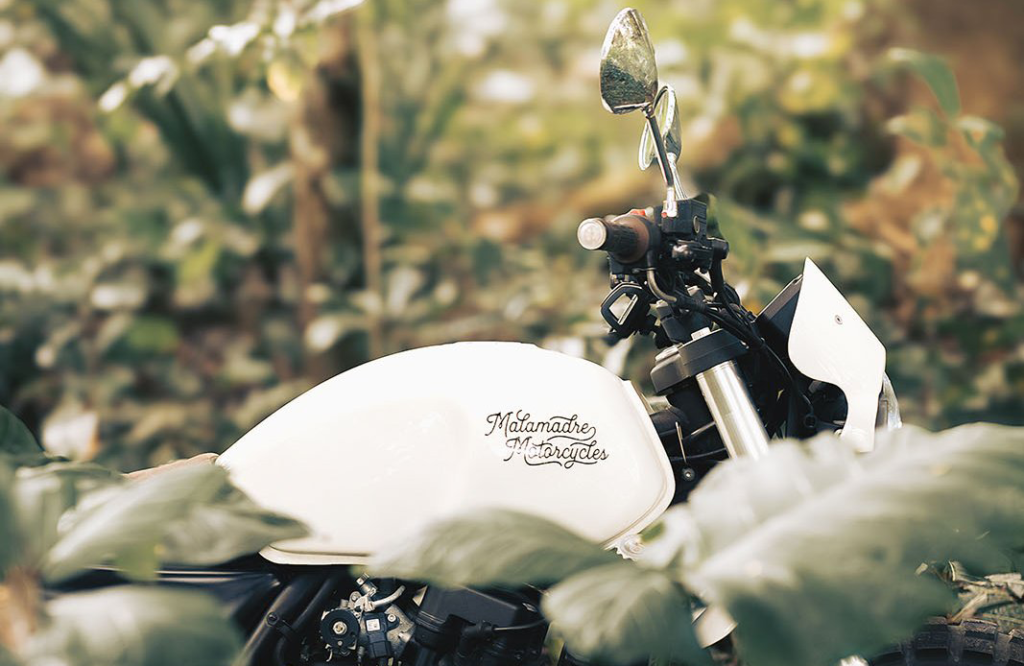 Noel Forseas, high-quality sports photographer Carolina. A white motorcycle parked in the middle of a forest.